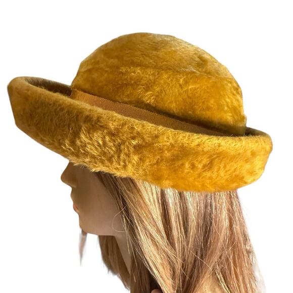 VTG MOD Duchess Italian Wool Felt Faux Fur Cloche Bucket Cossack Style Hat Amber main image 6